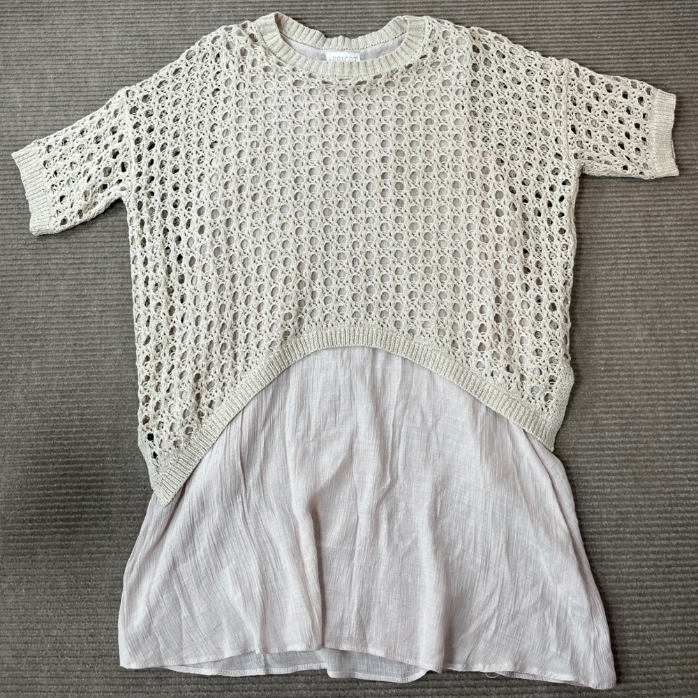 Apricot Womens Beige Crochet Layered Tunic Top Short Sleeve Open Back Size S